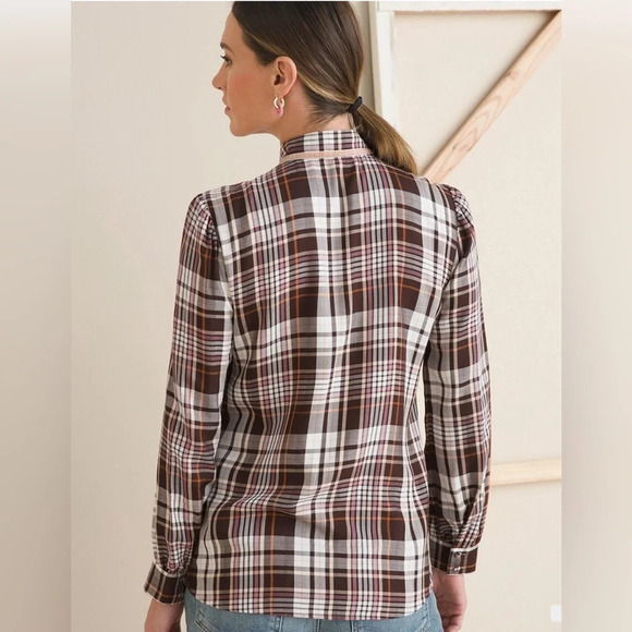 Chicos Chico’s Ruffle Button Front Blouse Sz L Brown Plaid Preppy Academia - Picture 12 of 13